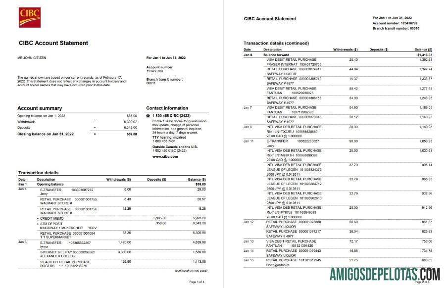 Extrato bancário CIBC dos EUA para impressão, modelo Word e PDF, 4 páginas